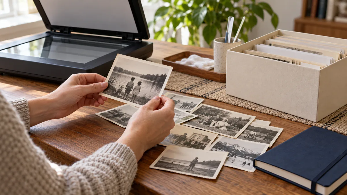 Photographs and archiving supplies beside a scanner