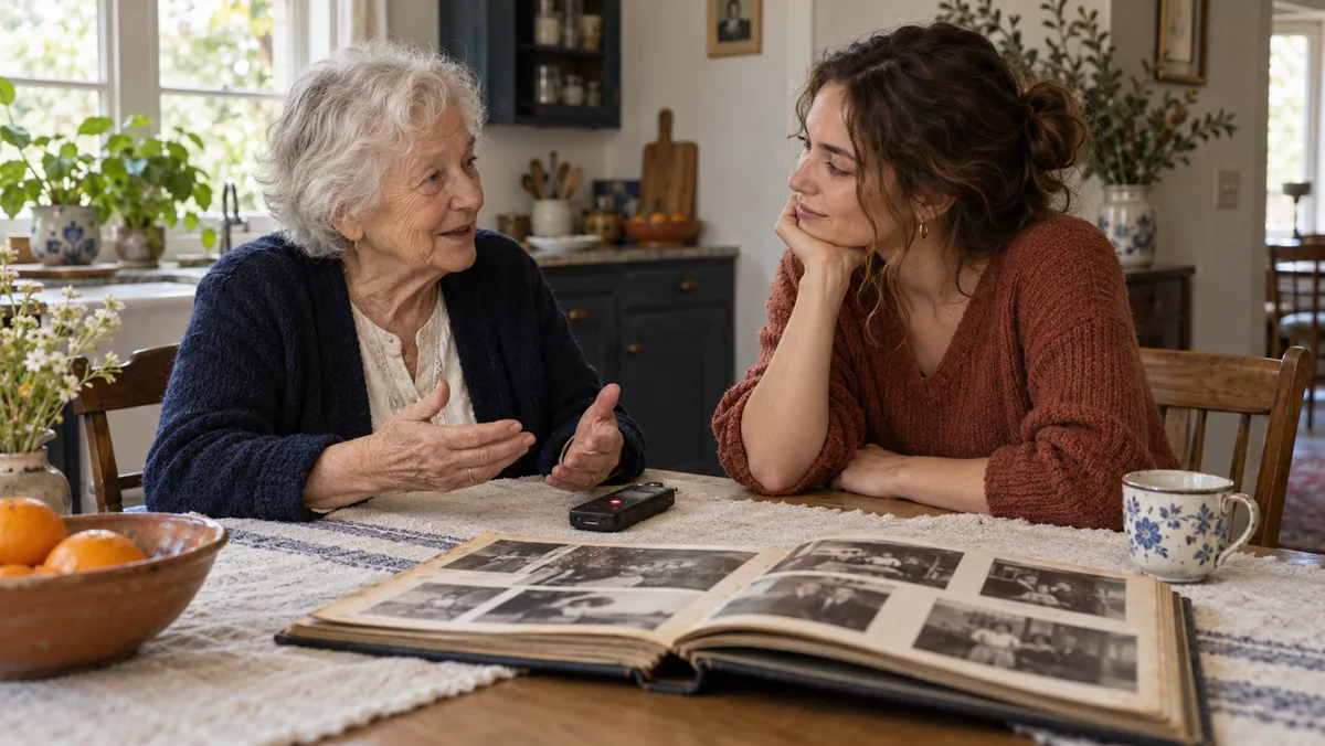 Fictional family members talking beside an album and recorder