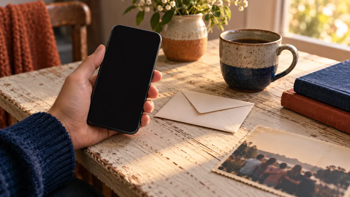 A dark phone beside an envelope and an old photograph