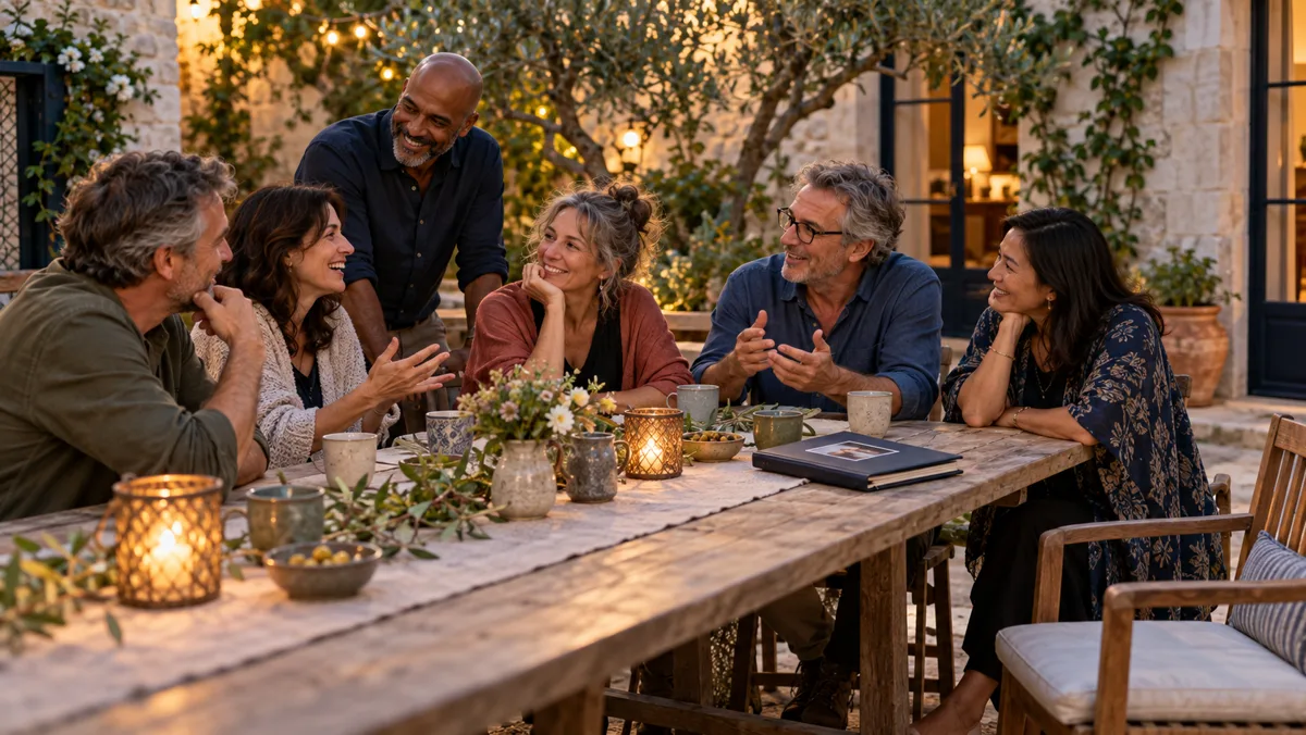 A fictional group of friends gathered around a table