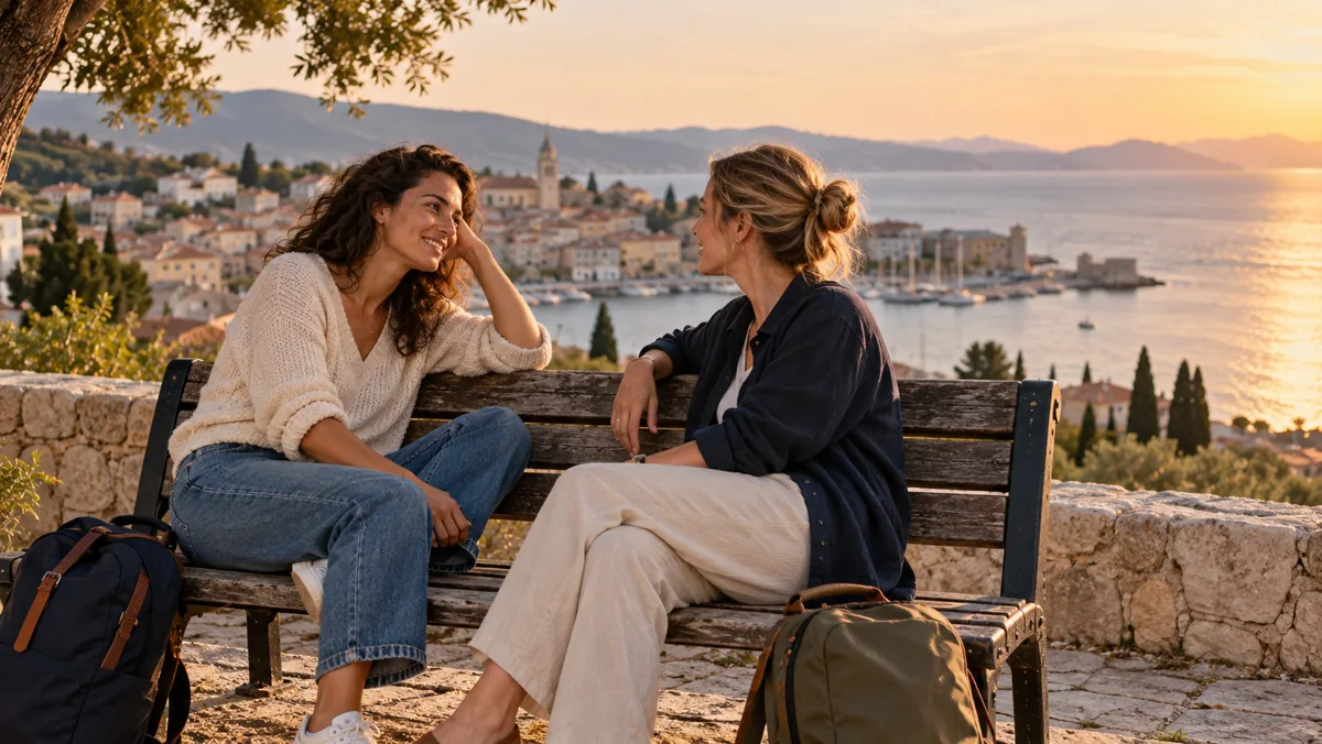 Fictional friends overlooking a coastal landscape