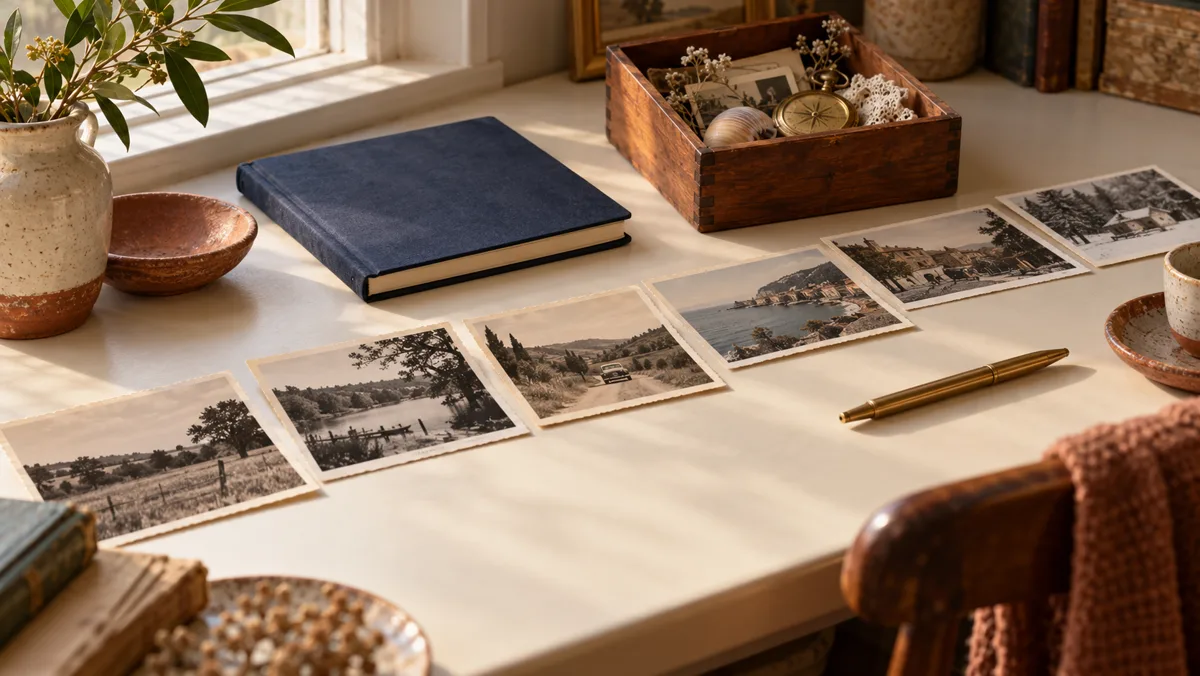 Illustrative photographs, notebook and memory box