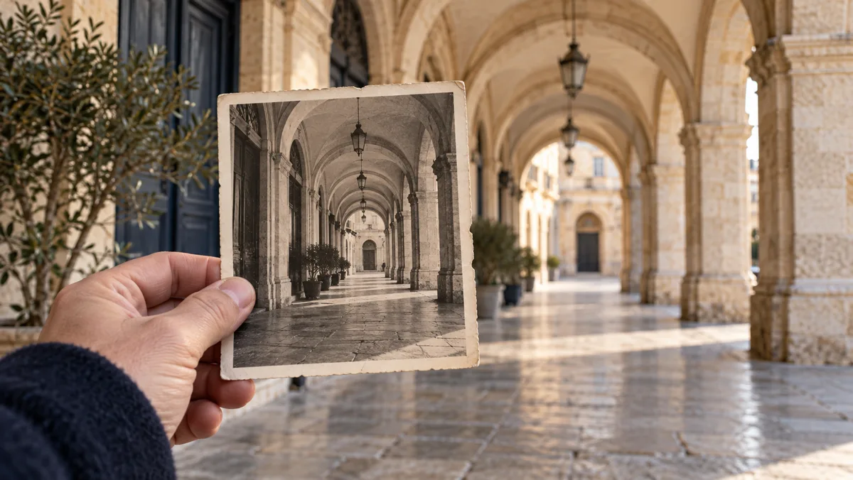 An illustrative old photograph held before a stone arcade