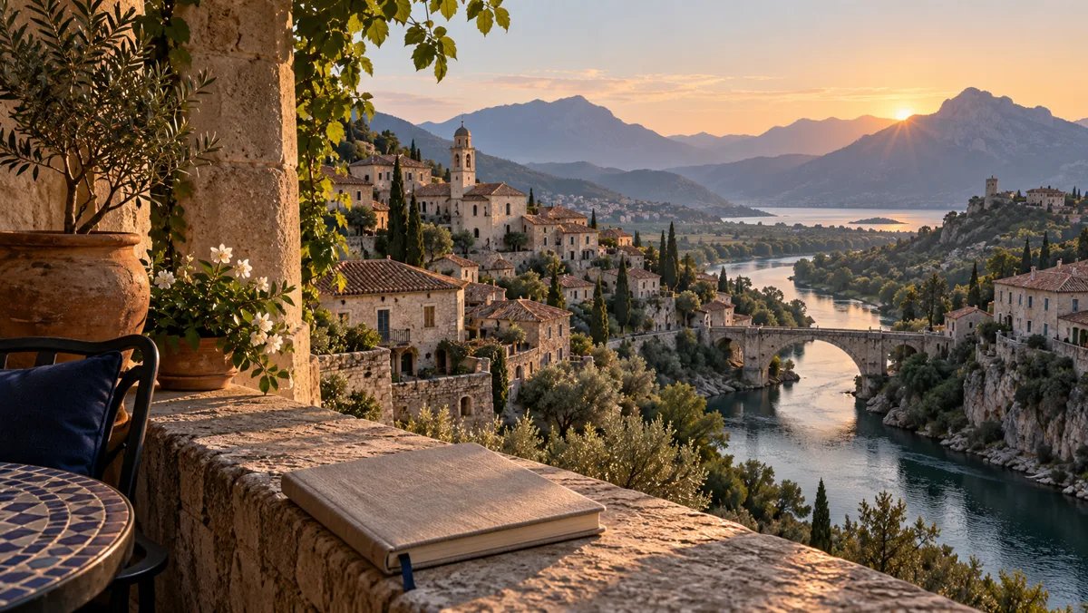 An imaginary town, river and mountain landscape