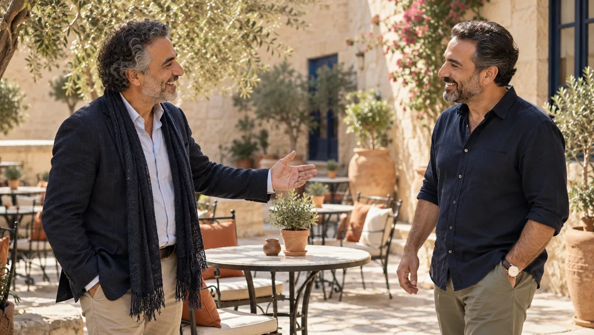 Fictional friends talking in a quiet courtyard café