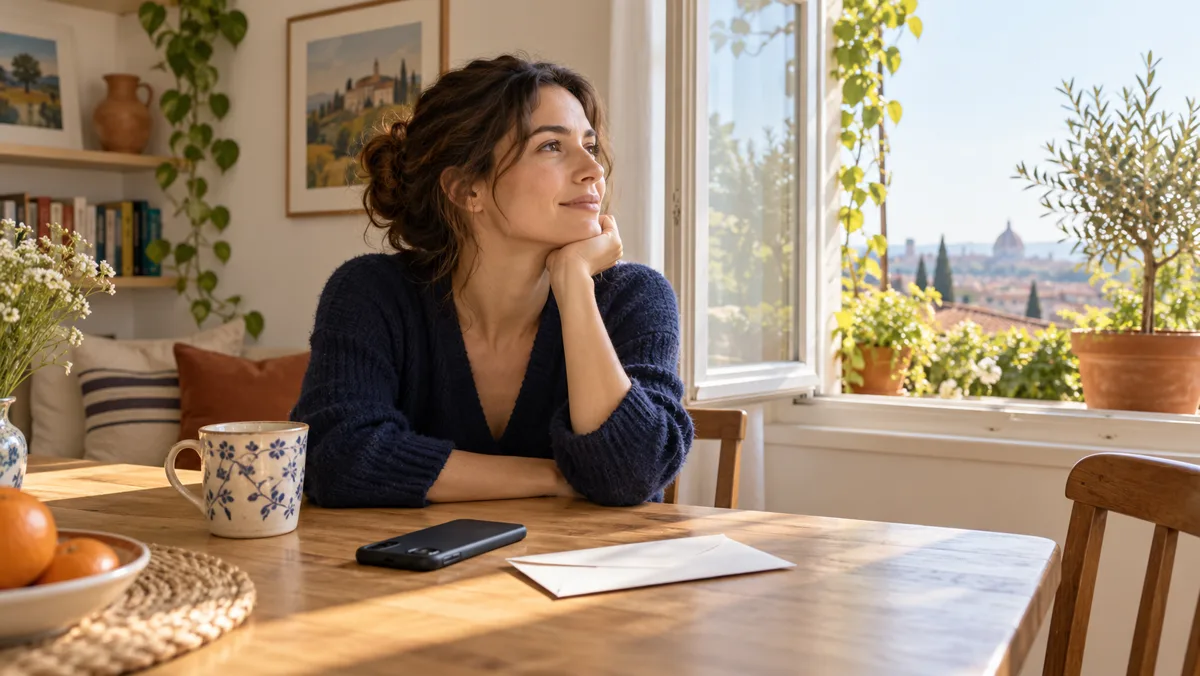 A fictional woman reflecting beside a phone and envelope