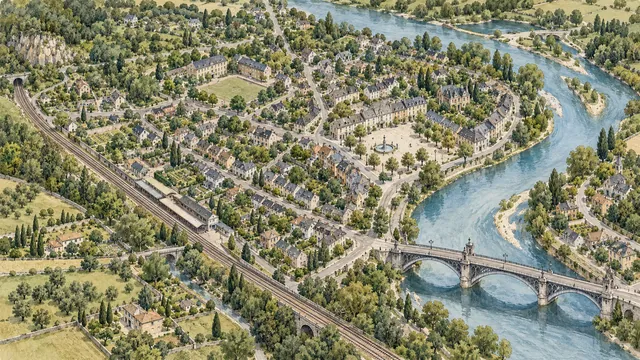 Watercolor aerial illustration of a fictional riverside neighborhood with a school, square and railway