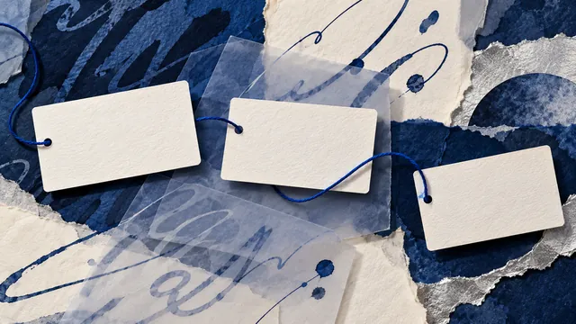 Collage indigo de fiches vierges reliées par un fil bleu